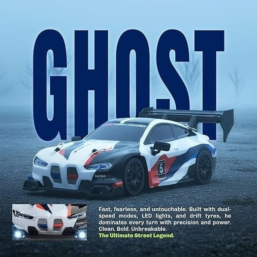 BMW Inspired GHOST RC Drift Car 1:24 – LED Lights, Extra Drift Tires & Rechargeable Battery (multicolour)