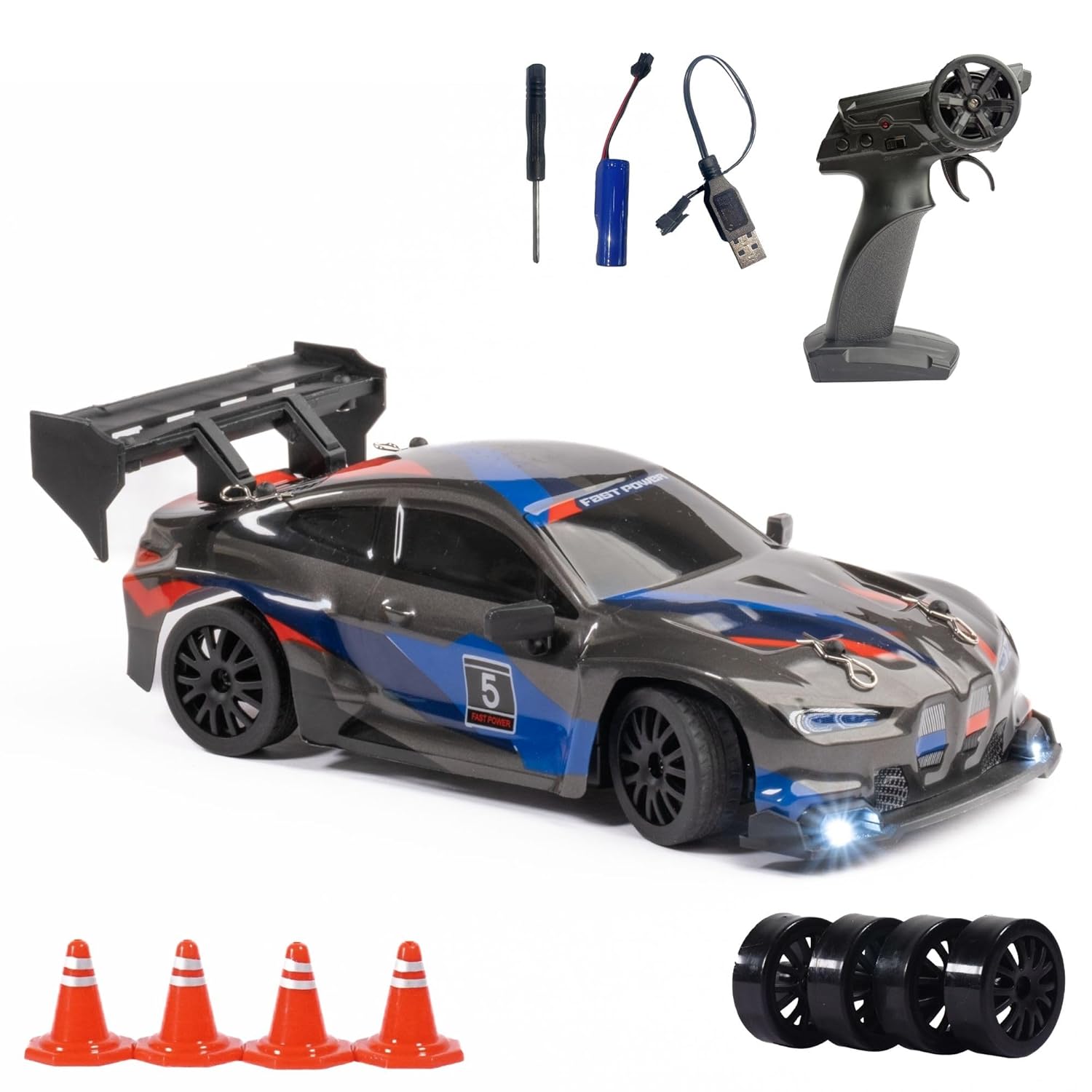BMW Inspired GHOST RC Drift Car 1:24 – LED Lights, Extra Drift Tires & Rechargeable Battery (multicolour)