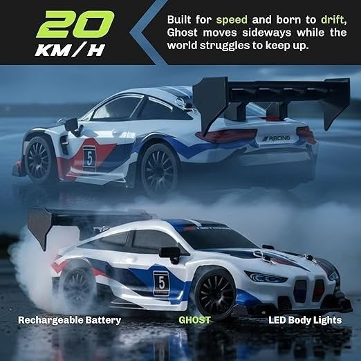 BMW Inspired GHOST RC Drift Car 1:24 – LED Lights, Extra Drift Tires & Rechargeable Battery (multicolour)