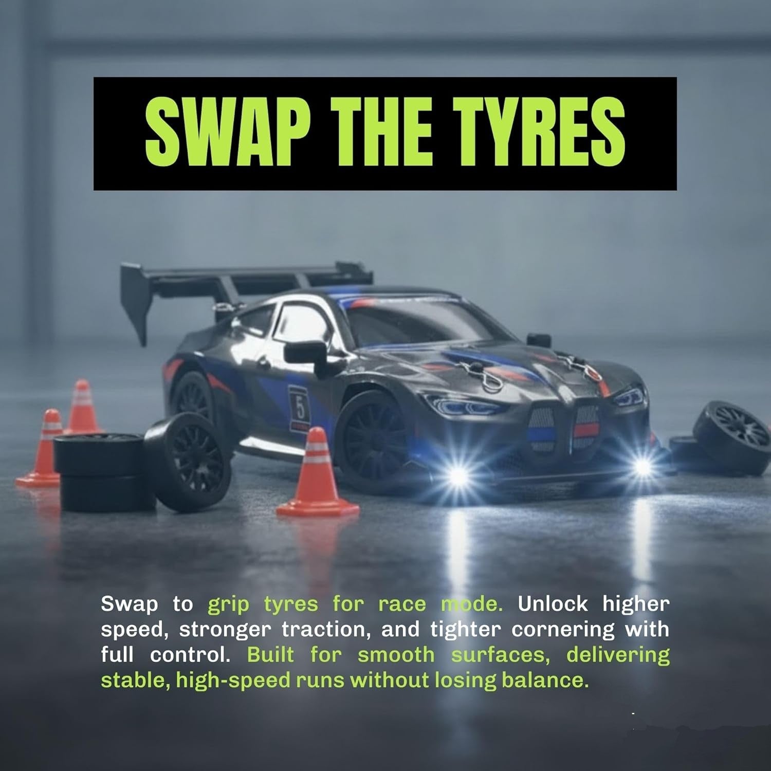 BMW Inspired GHOST RC Drift Car 1:24 – LED Lights, Extra Drift Tires & Rechargeable Battery (multicolour)