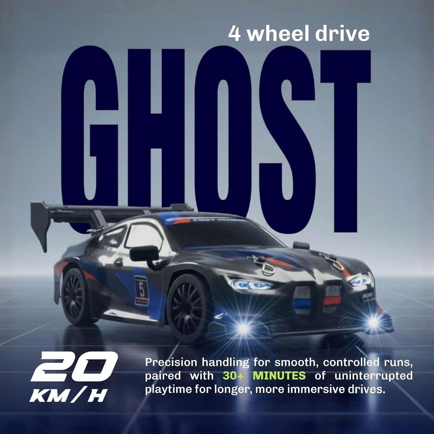 BMW Inspired GHOST RC Drift Car 1:24 – LED Lights, Extra Drift Tires & Rechargeable Battery (multicolour)